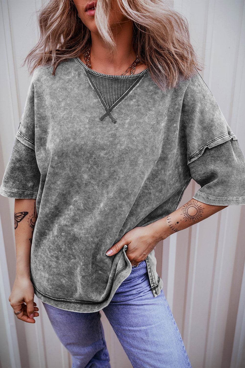 Philippine Gray Mineral Wash Exposed Seam Drop Shoulder Oversized Tee