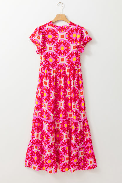 Strawberry Pink Geo Print V-neck Maxi Dress