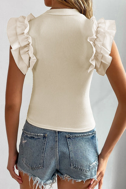 Beige Ruffle Flutter Sleeve High Neck Ribbed Blouse