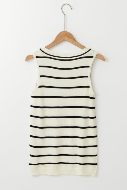 White Striped Round Neck Sweater Vest