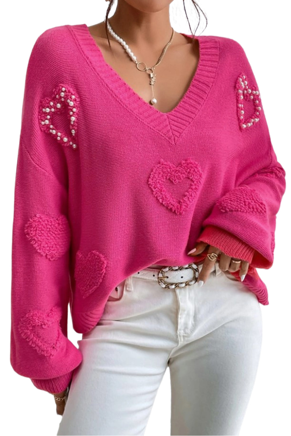 Rose Red Pearl Embellished Fuzzy Hearts V Neck Sweater