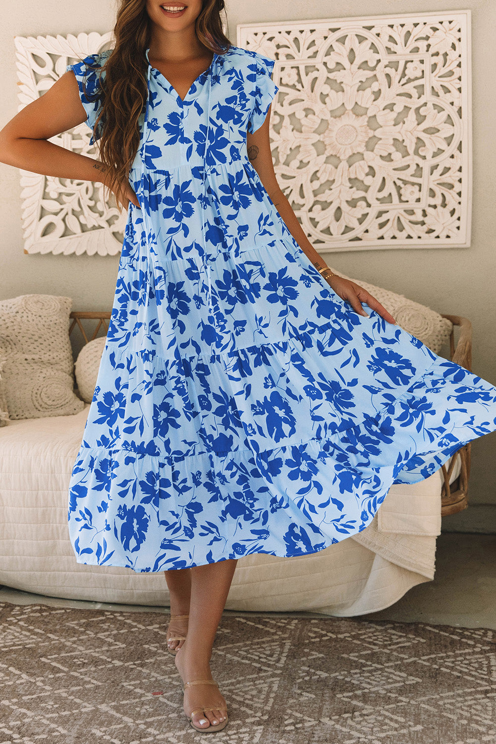 Sky Blue Floral Print Tiered Frilled Trim Flutter Sleeve Maxi Dress