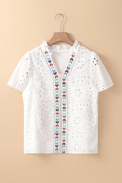 White Geometric Embroidery Hollow Out Blouse