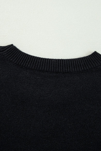 Black Boo Knitted Pattern Ribbed Edge Drop Shoulder Sweater