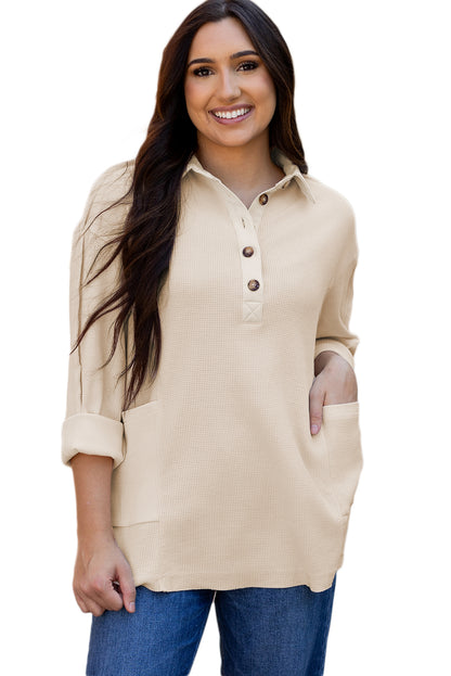 Jet Stream Waffle Long Sleeve Collar Half Button Loose Top