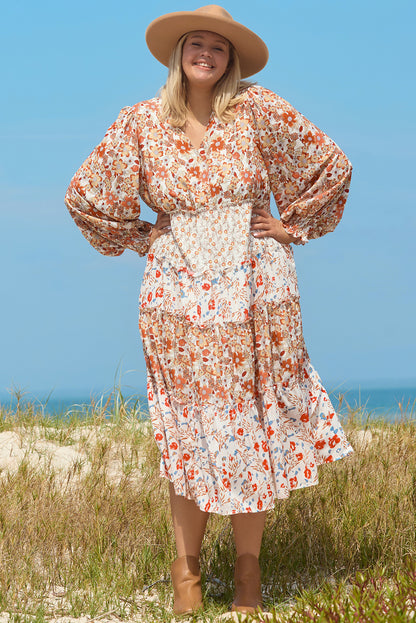 Khaki Plus Size Floral Tiered Ruffle Maxi Dress