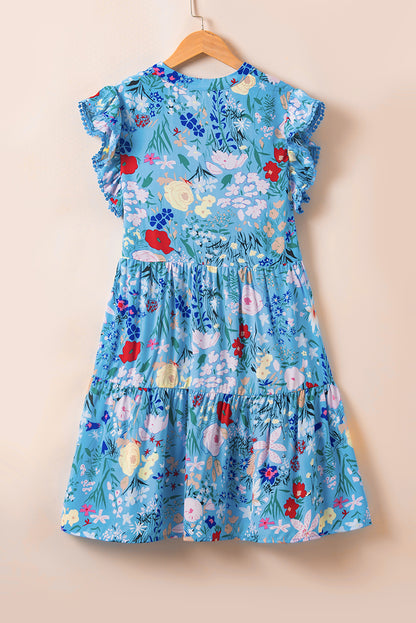 Sky Blue Floral Flutter Sleeve V Neck Ruffled Dress