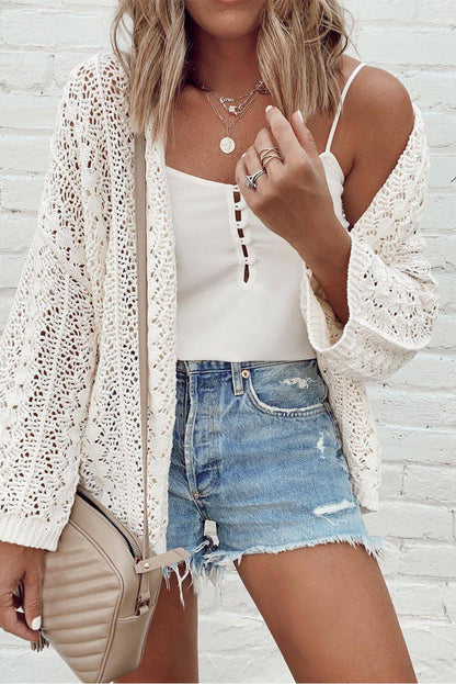 White Stylish Hollow Out Knit Drop Shoulder Cardigan