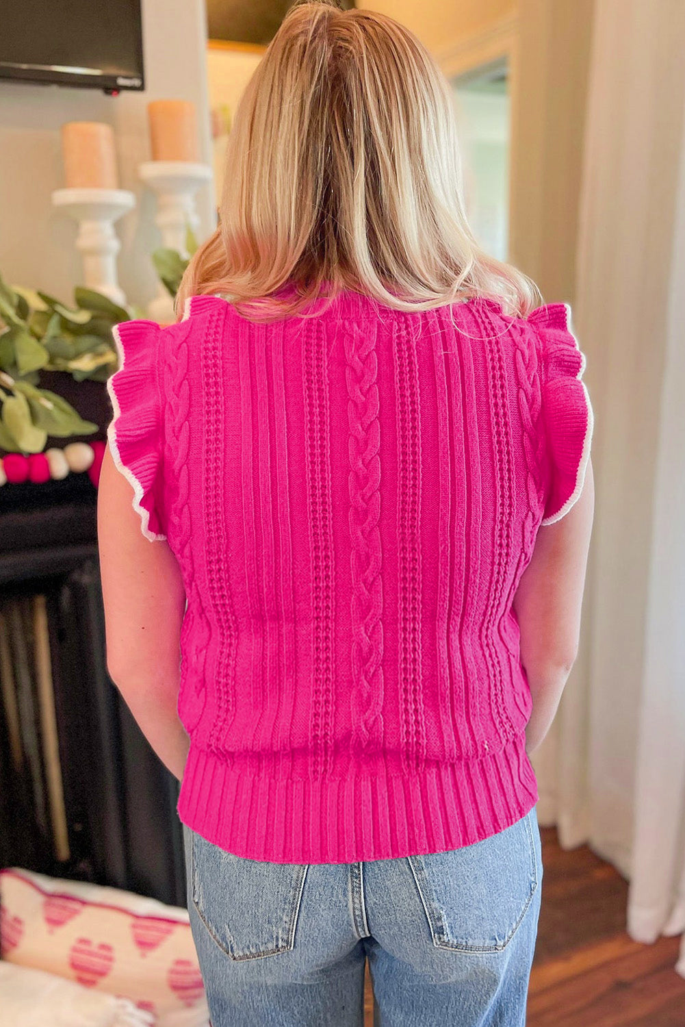 Strawberry Pink Textured Knit Ruffled Mock Neck Sweater Tank