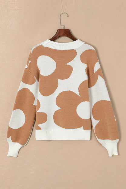 Khaki Big Flower Pattern Drop Shoulder Sweater