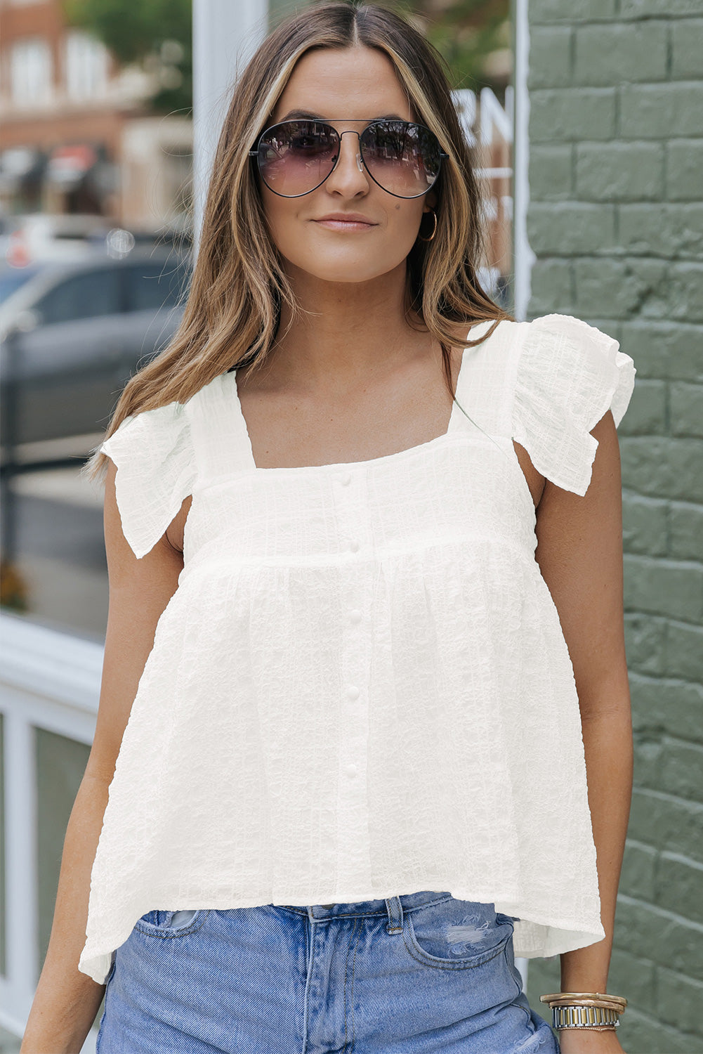 White Square Neck Textured Flowy Tank Top