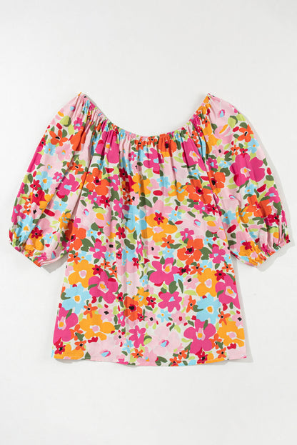 Red Floral Print Puff Sleeve Pleated Elastic Neckline Blouse