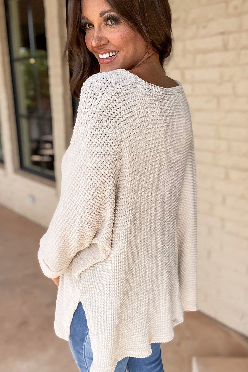 White Waffle Knit Side Slits Loose Fit V Neck Top