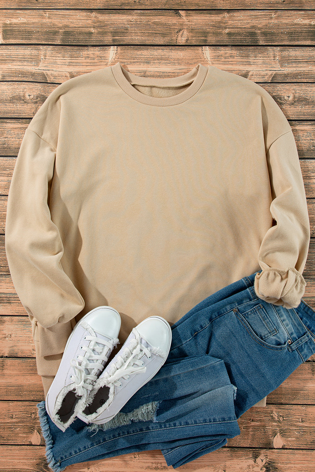 Apricot Solid Fleece Lined Drop Shoulder High Low Sweatshirt