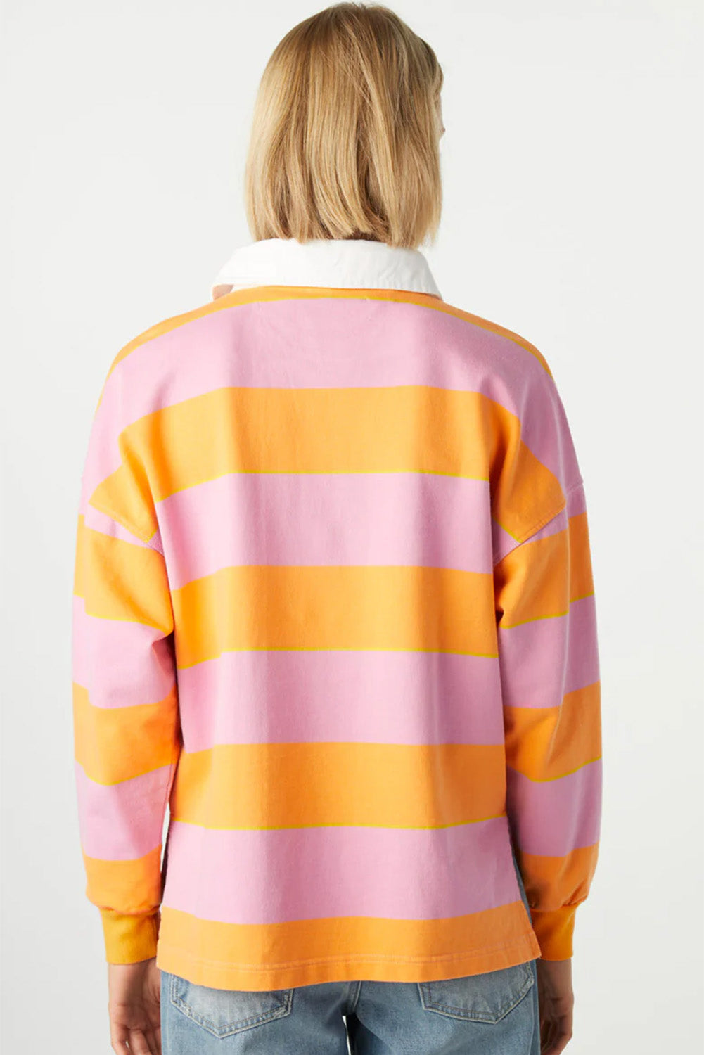 Yellow Stripe Color Block Polo Collar Sweatshirt