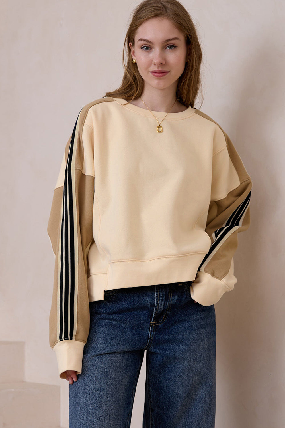 Beige Contrast Striped Patchwork Drop Shoulder Loose Sweatshirt