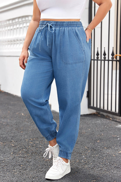 Dusk Blue Drawstring Waist Pocketed Plus Size Denim Joggers