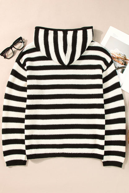 White Stripe V Neck Pocketed Drawstring Hooded Sweater