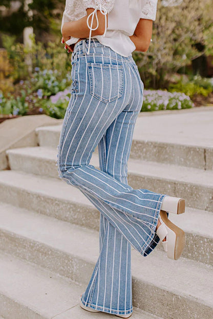 Sky Blue Vertical Striped Ripped Flare Jeans