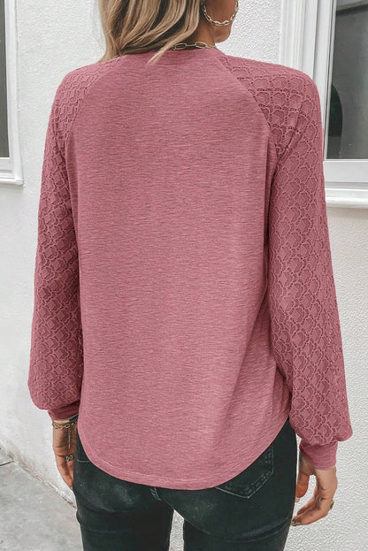 Rose Pink Contrast Lace Raglan Sleeve Plicate Round Neck Top