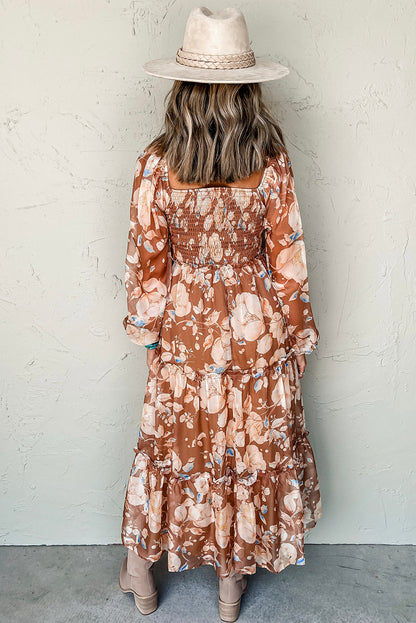 Brown Floral Print Shirred Square Neck High Waist Maxi Dress