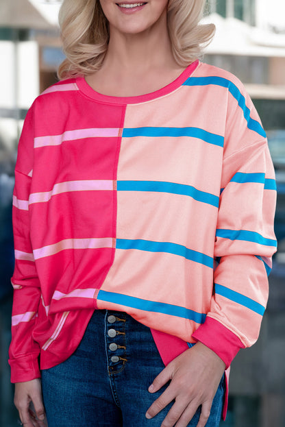 Rose Stripe Color Block Crewneck Long Sleeve Plus Size T Shirt