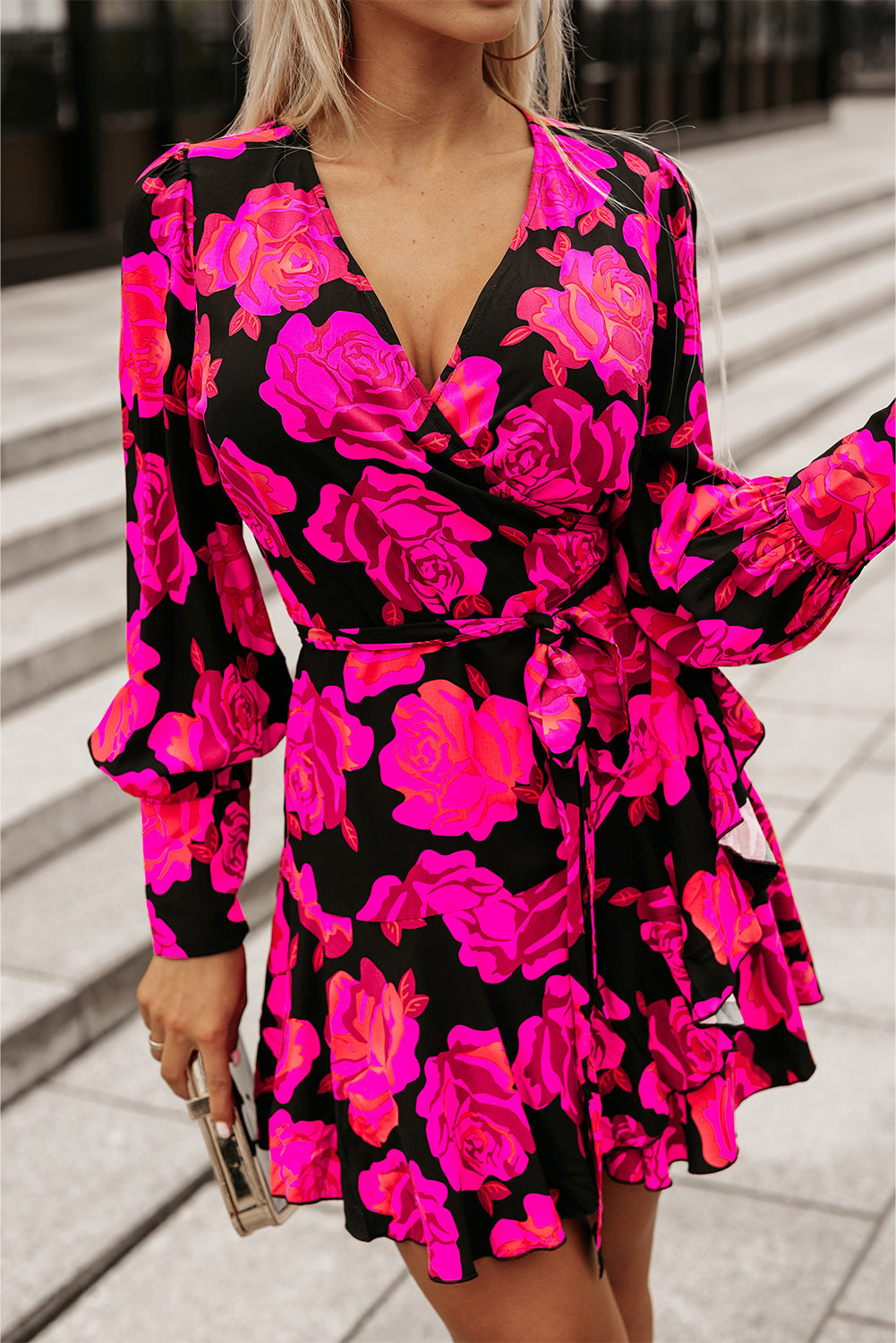 Rose Floral Print V Neck Wrap Bishop Sleeve Ruffle Tiered Mini Dress