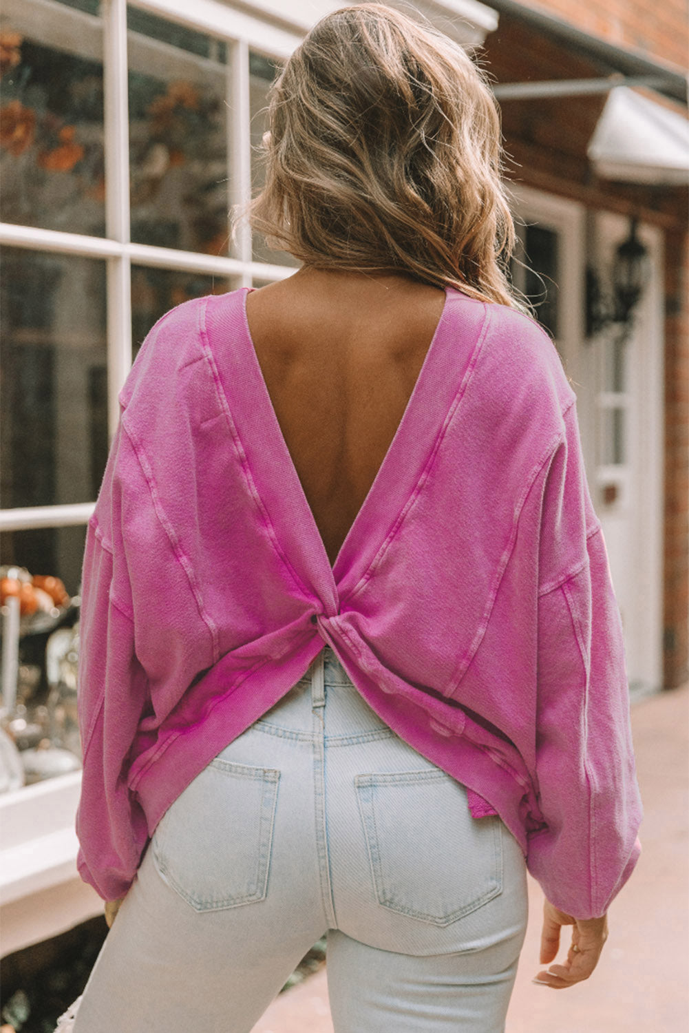 Rose Exposed Seam Twist Open Back Oversized Sweatshirt