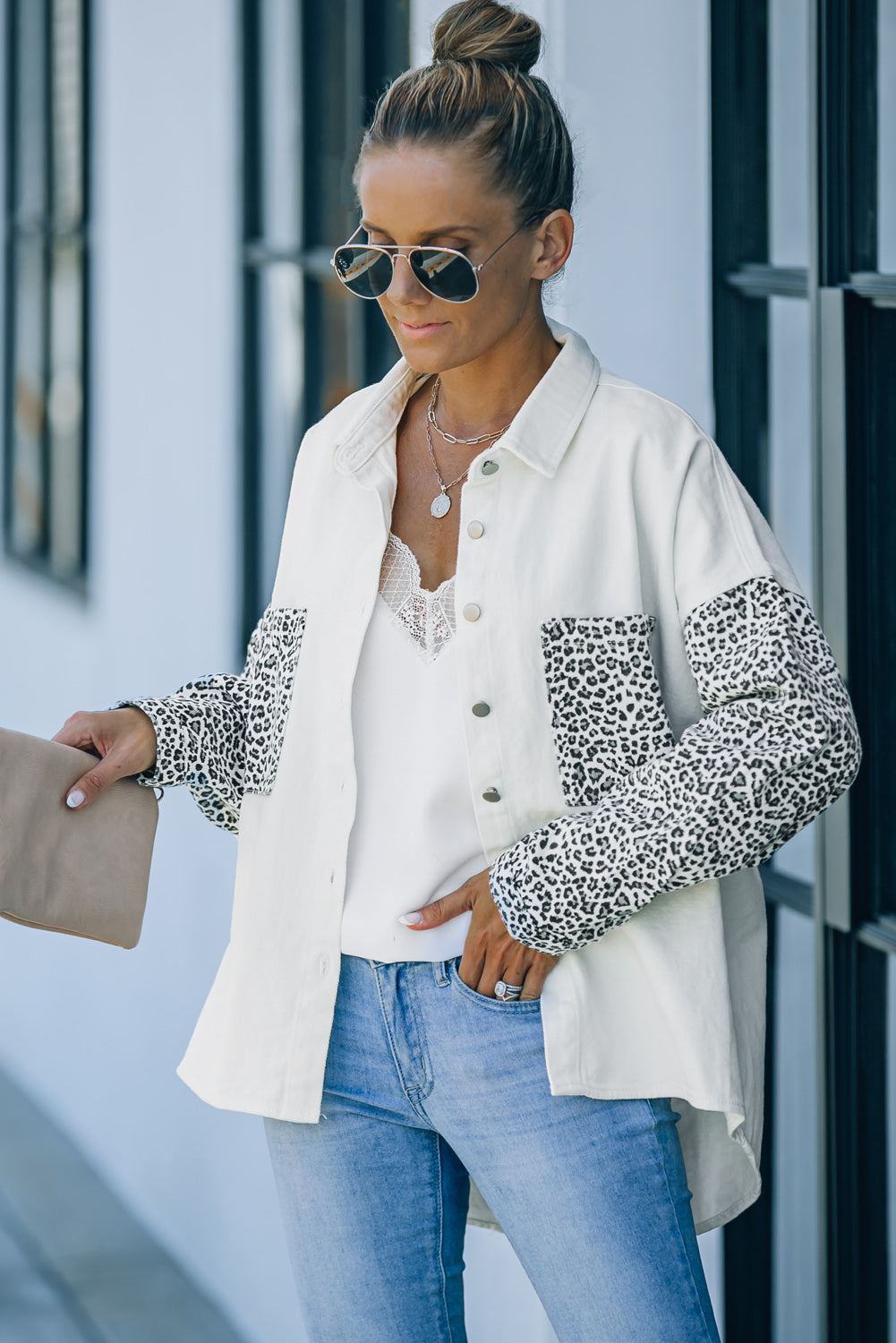 White Contrast Leopard Denim Jacket