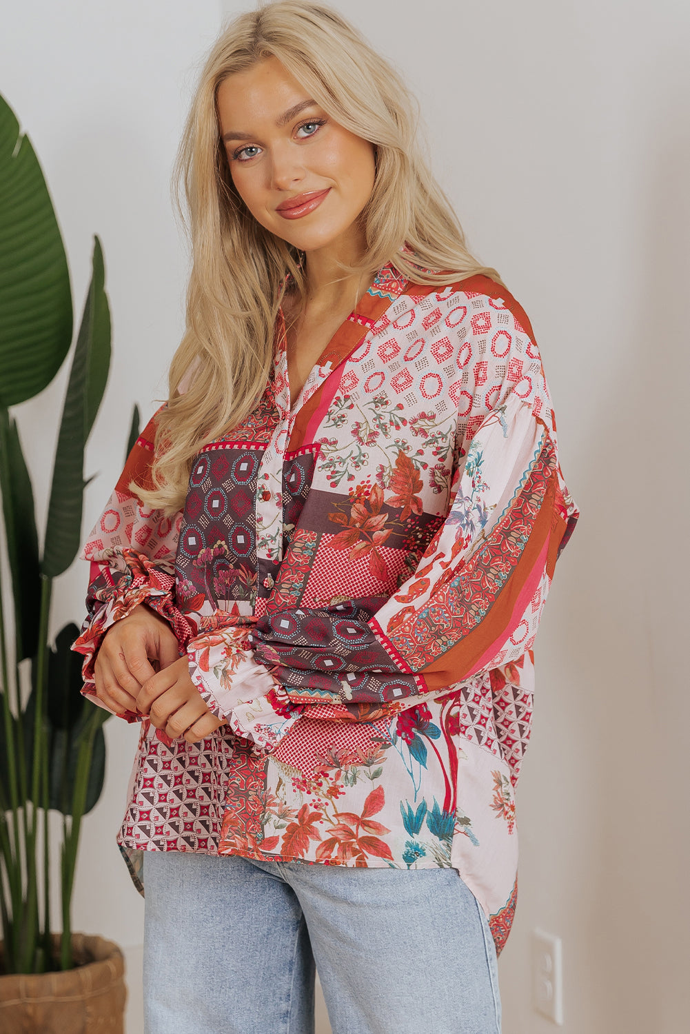 Red Boho Geometric Mixed Print Patchwork Bubble Sleeve Shirt