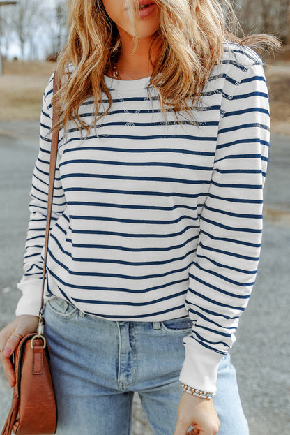 Striped Print Ribbed Trim Long Sleeve Top