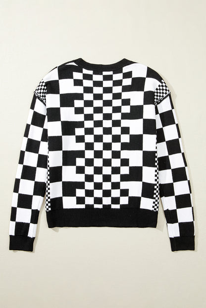 Black Checkered Print Drop Shoulder Round Neck Sweater