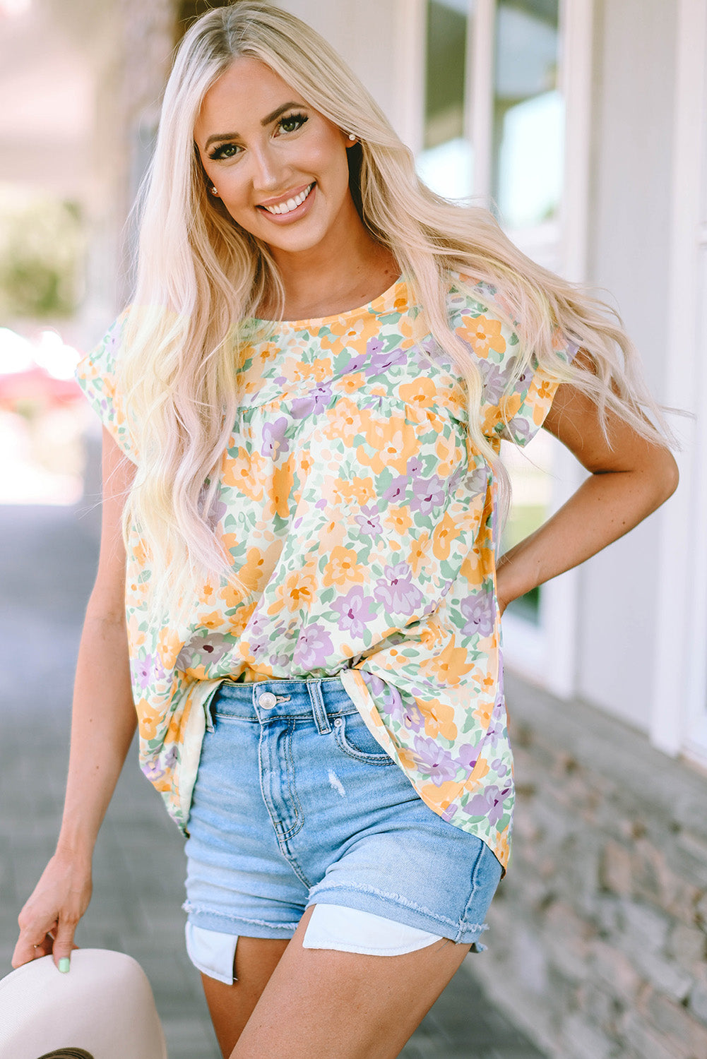 Yellow Floral Print Keyhole Back Short Sleeve Babydoll Blouse