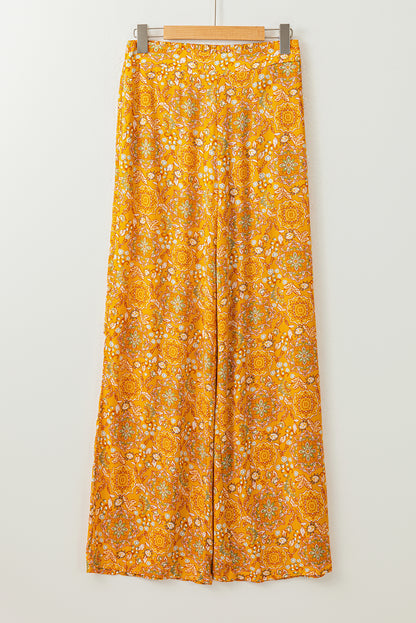 Yellow Bohemian Floral Print Pocketed Wide Leg Pants