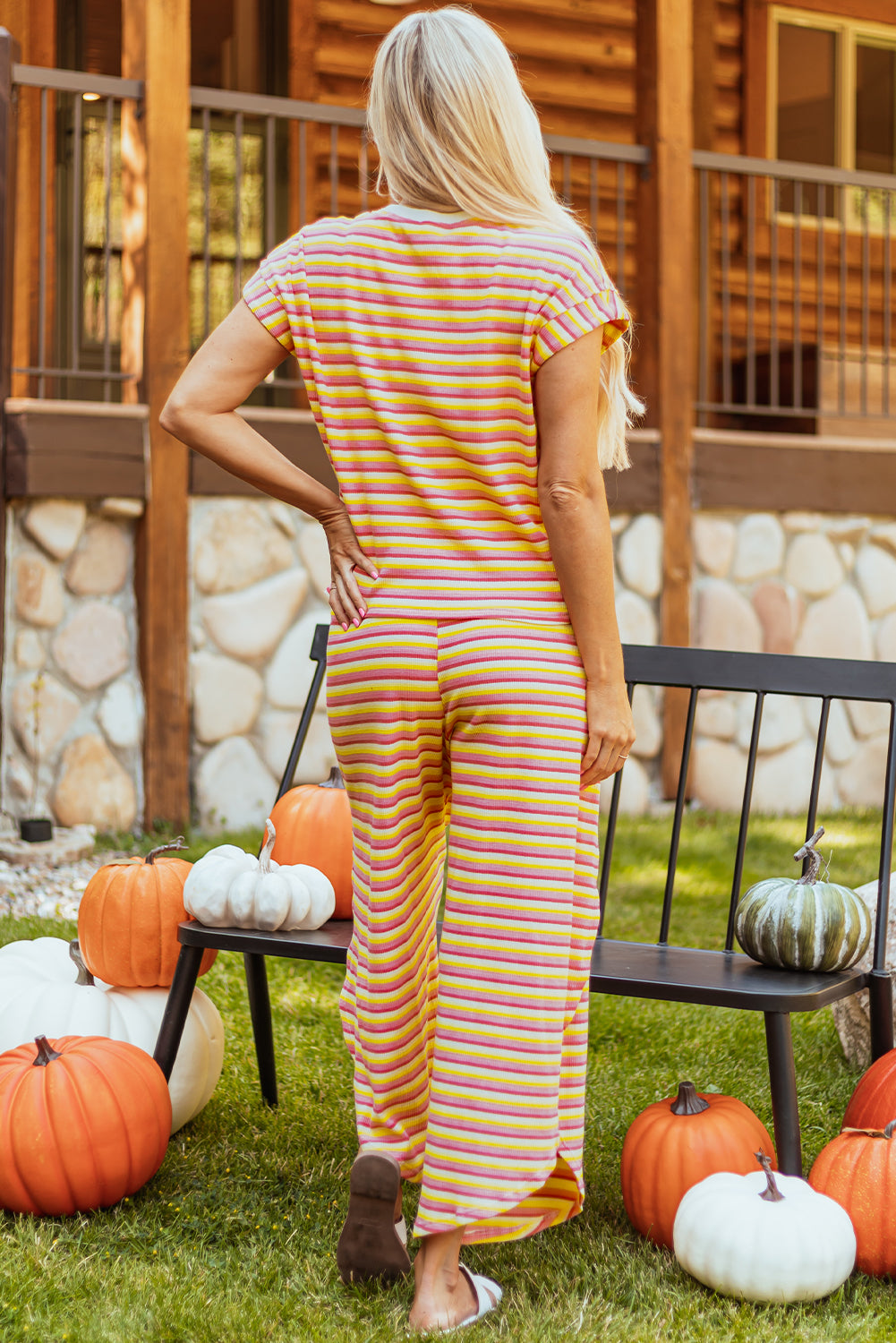 Yellow Stripe Rainbow Tee Tasseled String Wide Leg Pants Set