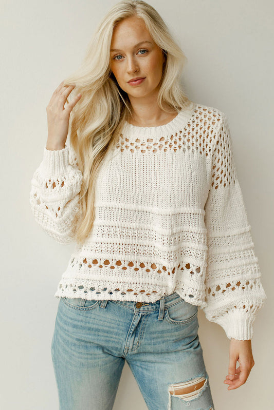 White Solid Color Pointelle Knit Puff Sleeve Sweater