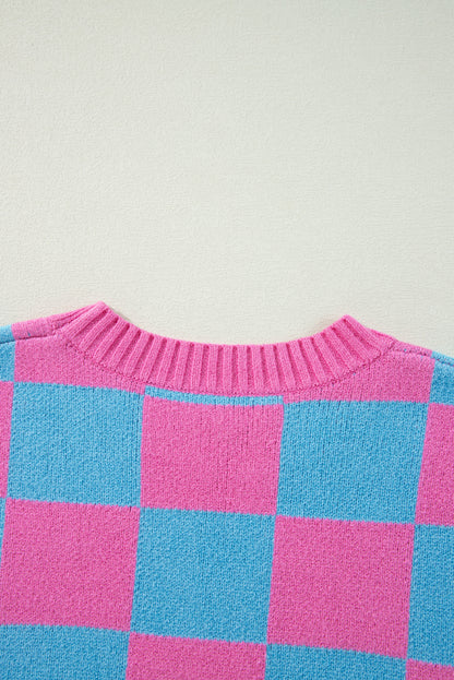 Sachet Pink Colorblock Plaid Pattern Ribbed Trim Sweater Tank Top