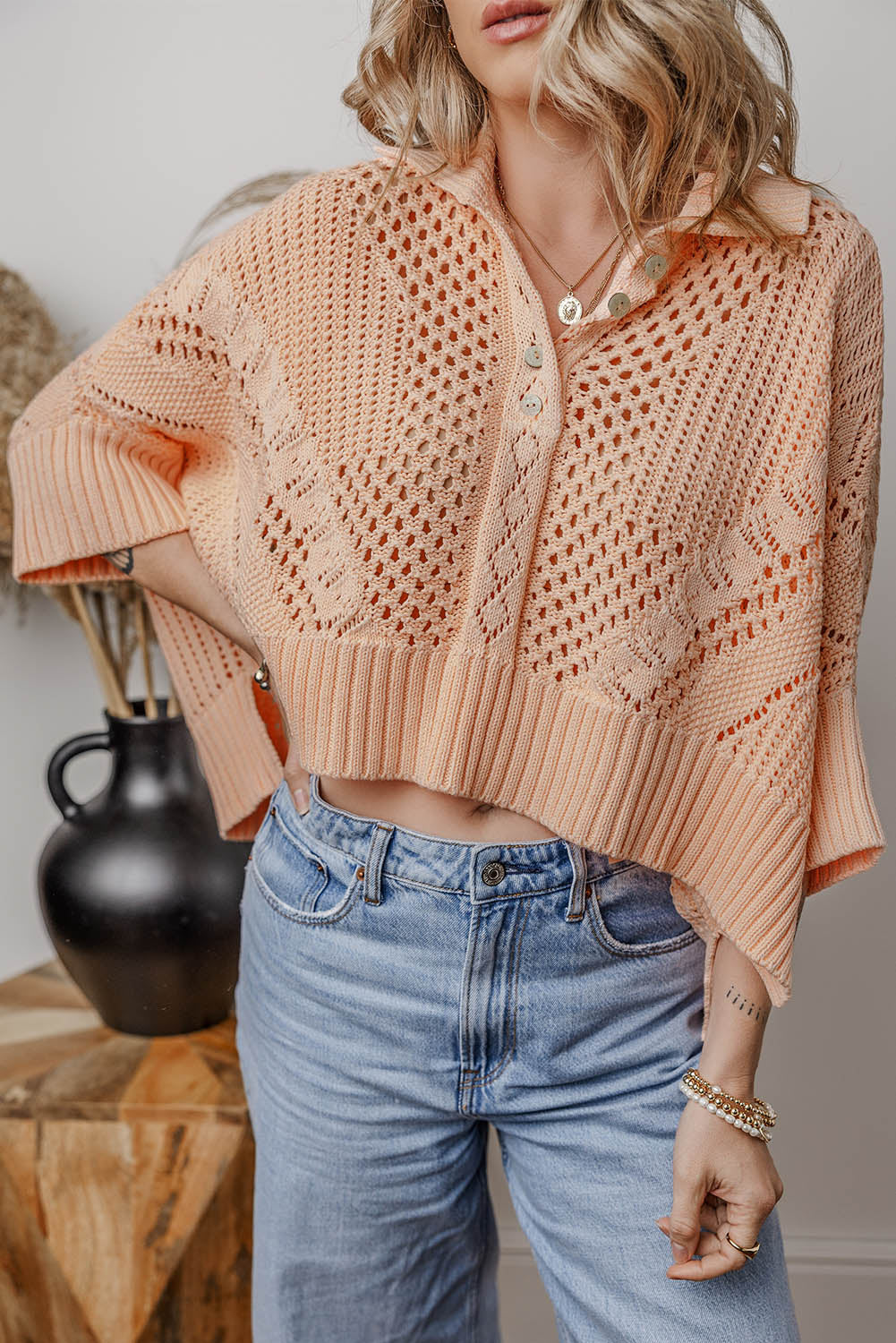 Apricot Pink Hollowed Knit 3/4 Dolman Sleeve Buttoned Collared Sweater