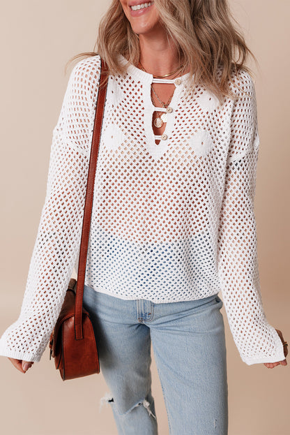 White Open Knit Buttoned Neck Split Sleeve Sweater