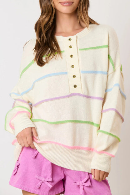 White Rainbow Stripes Drop Shoulder Baggy Henley Sweater