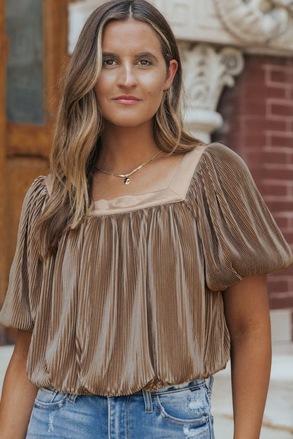 Simply Taupe Pleated Puff Sleeve Square Neck Blouse