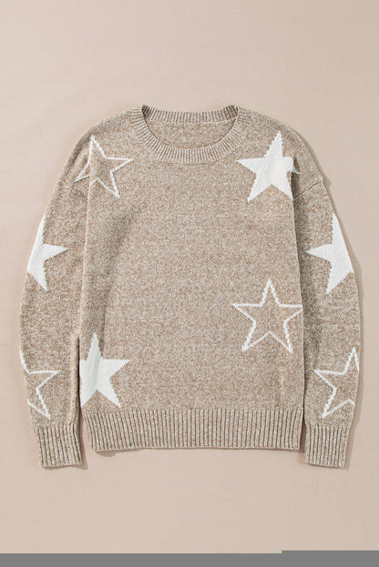 Khaki Star Pattern Drop Shoulder Sweater