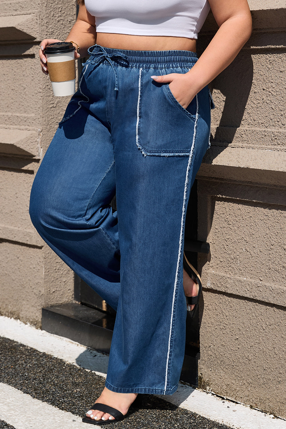 Sail Blue Washed Denim Chambray Loose Plus Size Pants