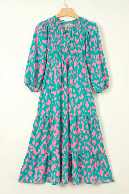 Green Abstract Print Puff Sleeve Long Dress