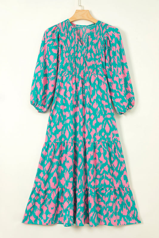 Green Abstract Print Puff Sleeve Long Dress