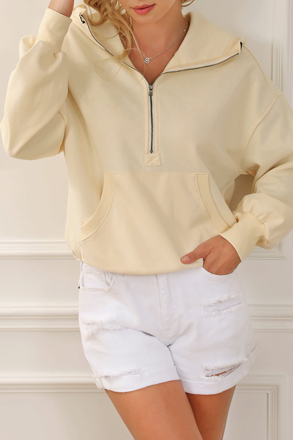 Beige Ribbed Trim Kangaroo Pocket Zipped Hoodie