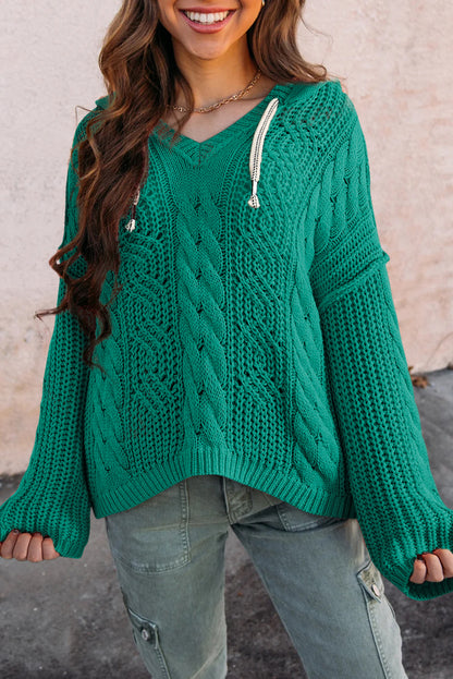 Sea Green Cable Knit V Neck Contrast Drawstring Hooded Sweater