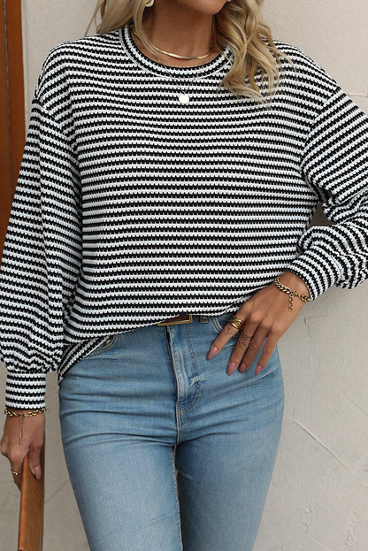 Black Stripe Round Neck Drop Shoulder Long Sleeve Top