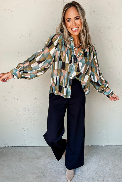 Green Geometric Print Buttoned Balloon Sleeve Loose Fit Shirt