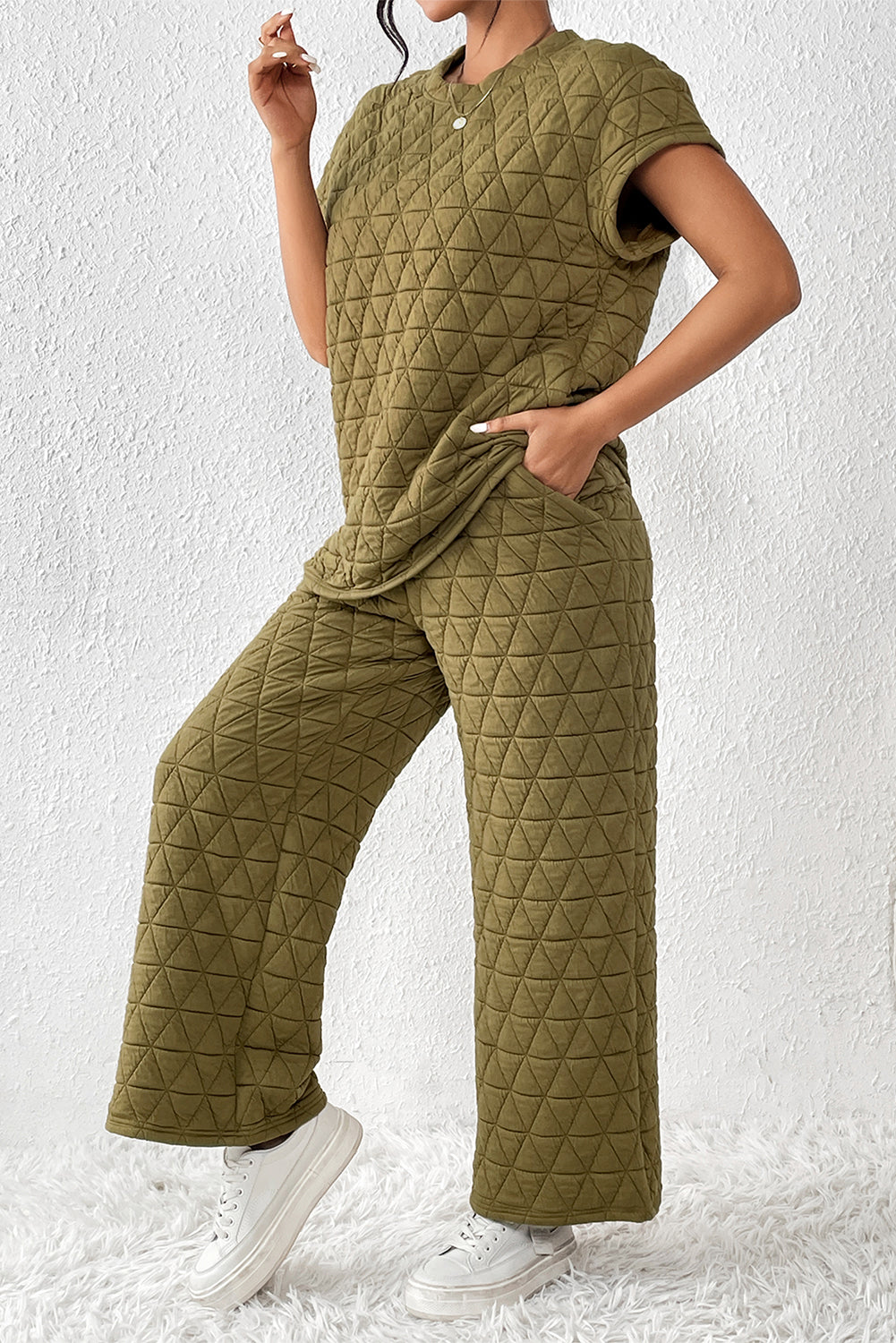 Sage Green Quilted Short Sleeve Wide Leg Pants Set